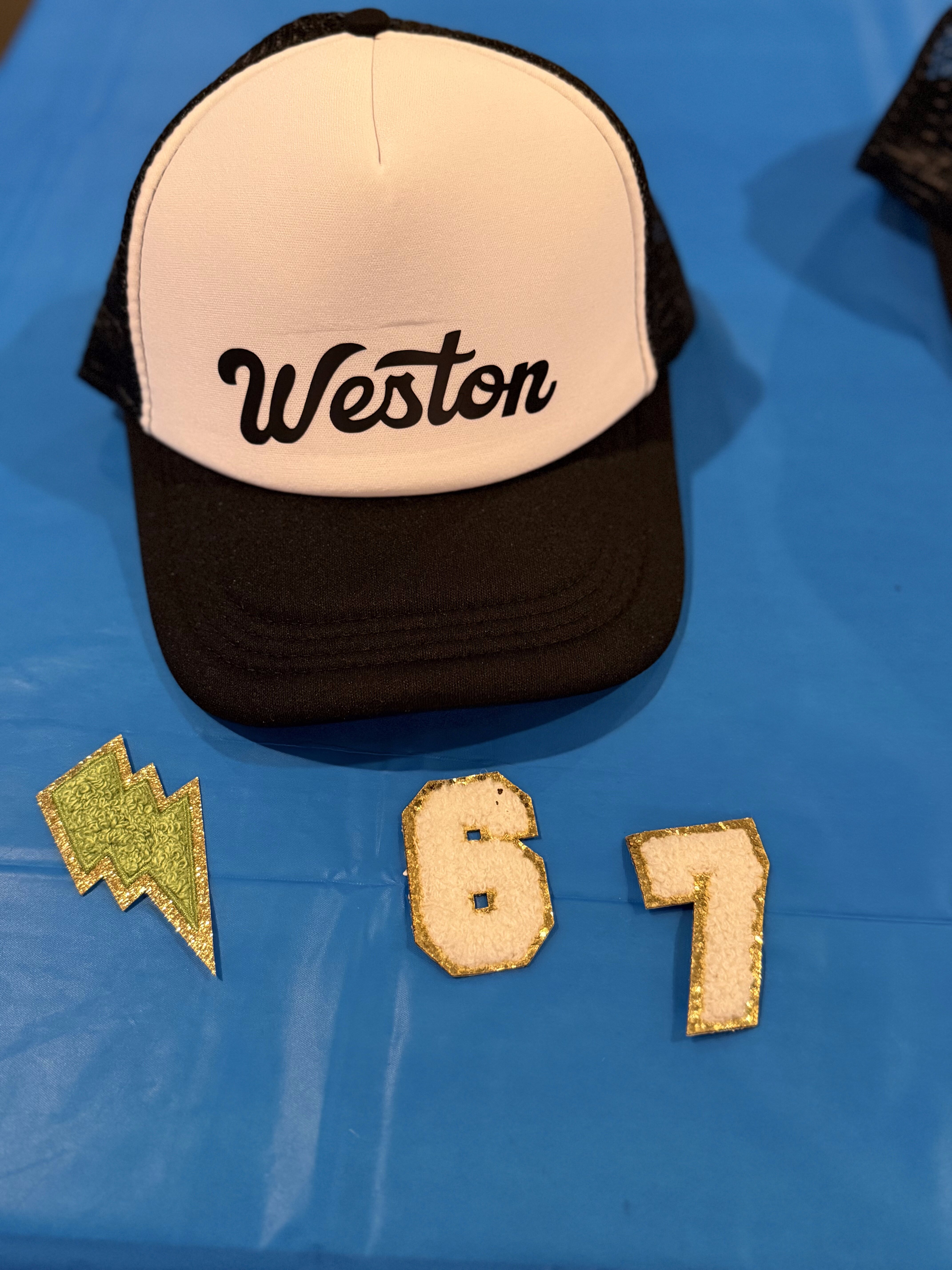 Personalized Weston trucker hat birthday party craft with glitter patches