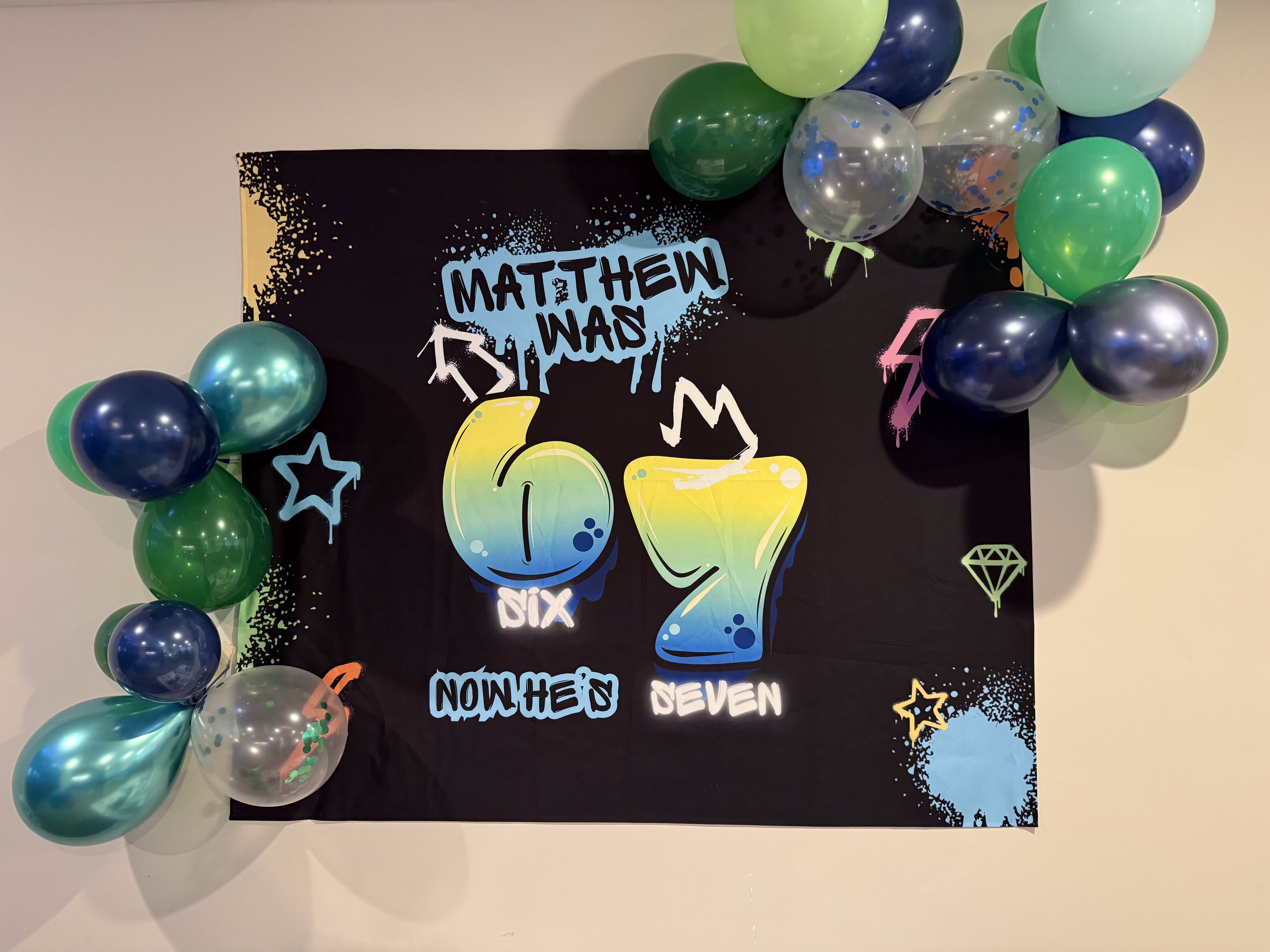 Matthew's birthday celebration with festive balloon banner and decorations