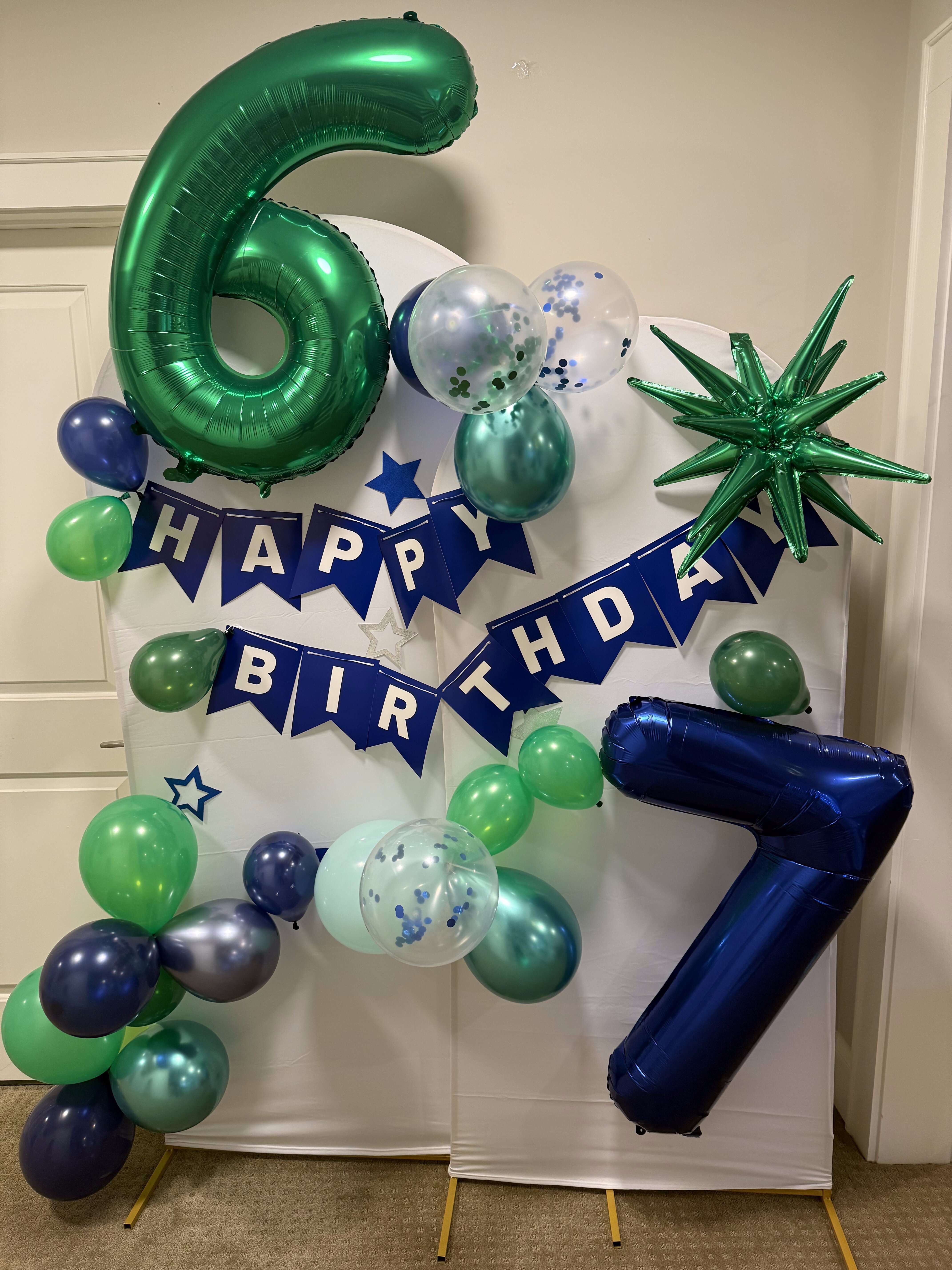 Happy Birthday balloon display with green and blue number balloons